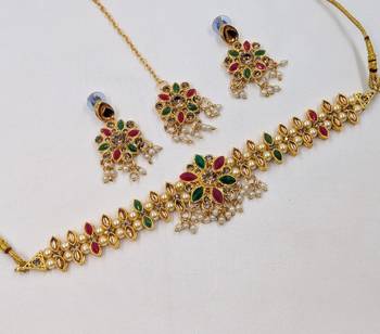 multicolor color necklace set with earrings & maang tikka | kundan & agate stone | gold plated 2