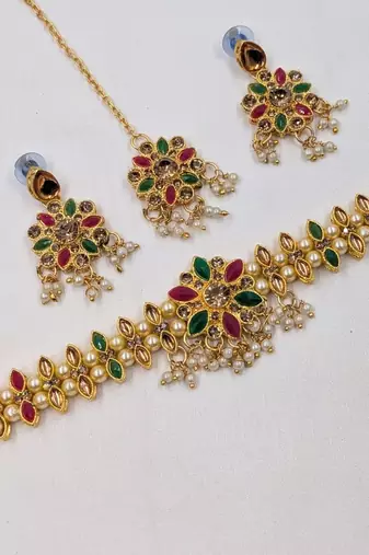 Necklace set with earrings & maang tikka | kundan & agate stone | gold plated