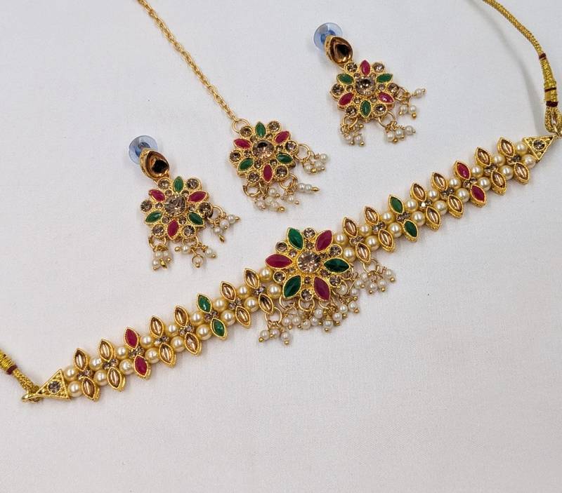 multicolor color necklace set with earrings & maang tikka | kundan & agate stone | gold plated