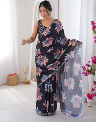 Black chiffon digital print siroski diamond work saree 4