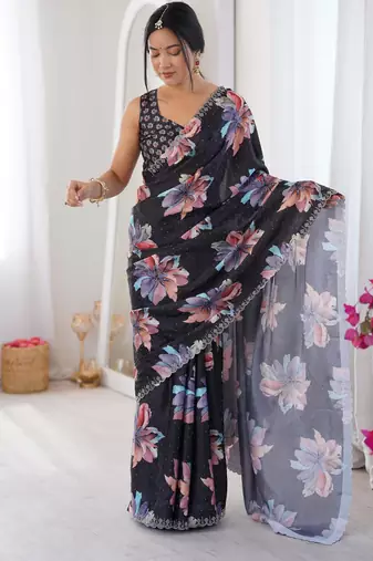 Black chiffon digital print siroski diamond work saree