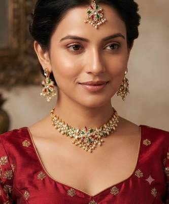 multicolor color necklace set with earrings & maang tikka | kundan & agate stone | gold plated 1