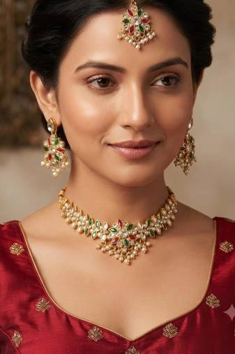 multicolor color necklace set with earrings & maang tikka | kundan & agate stone | gold plated