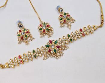 multicolor color necklace set with earrings & maang tikka | kundan & agate stone | gold plated 2