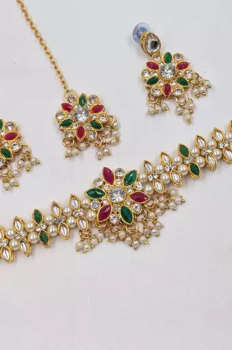 Necklace set with earrings & maang tikka | kundan & agate stone | gold plated