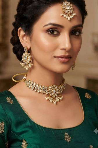 white color necklace set with earrings & maang tikka | kundan & agate stone | gold plated