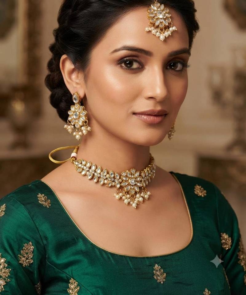white color necklace set with earrings & maang tikka | kundan & agate stone | gold plated
