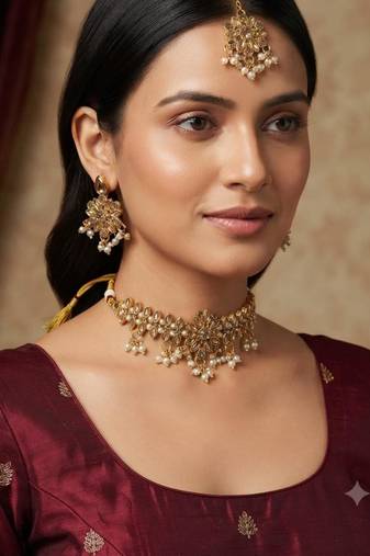 gold color necklace set with earrings & maang tikka | kundan & agate stone | gold plated