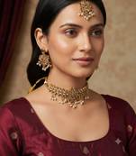 gold color necklace set with earrings & maang tikka | kundan & agate stone | gold plated