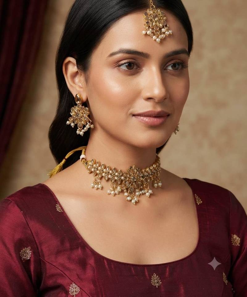 gold color necklace set with earrings & maang tikka | kundan & agate stone | gold plated