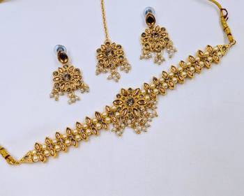 gold color necklace set with earrings & maang tikka | kundan & agate stone | gold plated 2