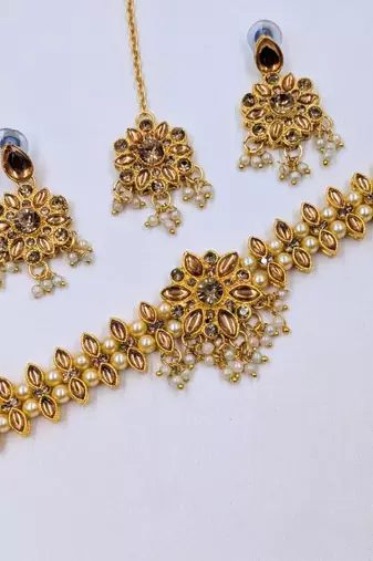 gold color necklace set with earrings & maang tikka | kundan & agate stone | gold plated