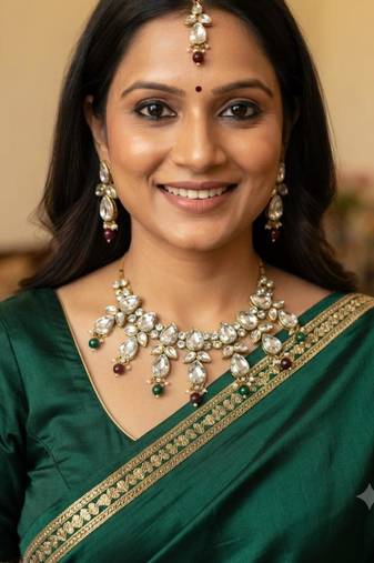 multicolor color necklace set with earrings & maang tikka | kundan & agate stone | gold plated