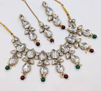 multicolor color necklace set with earrings & maang tikka | kundan & agate stone | gold plated 2