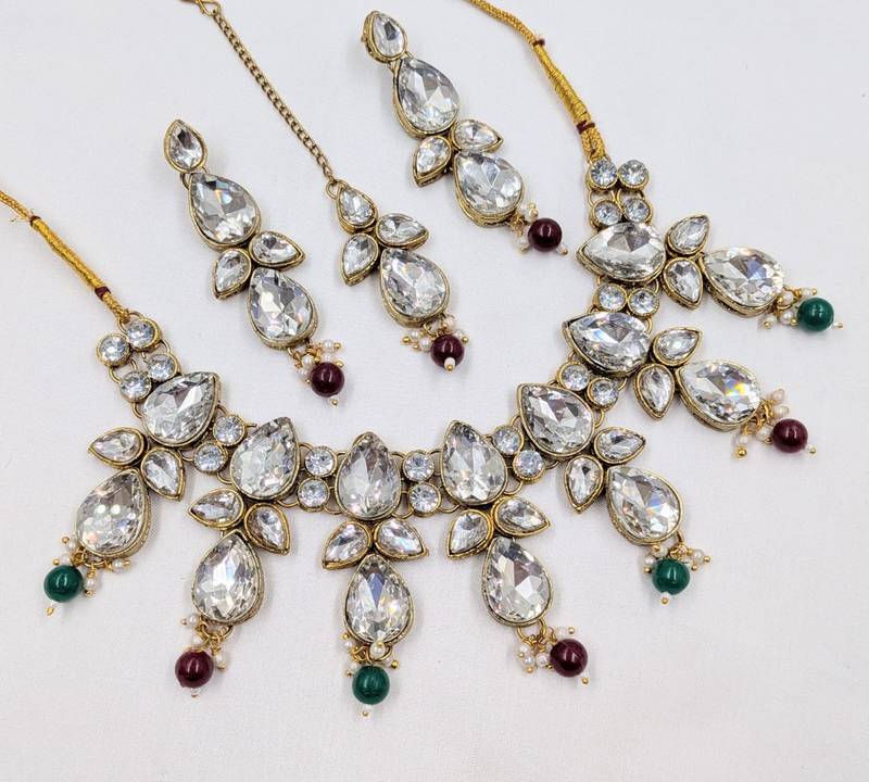 multicolor color necklace set with earrings & maang tikka | kundan & agate stone | gold plated