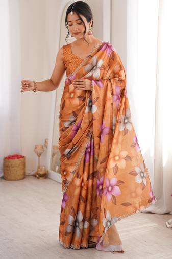 Orange chiffon digital print siroski diamond work saree