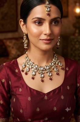 maroon color necklace set with earrings & maang tikka | kundan & agate stone | gold plated 1
