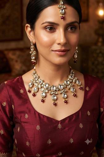 maroon color necklace set with earrings & maang tikka | kundan & agate stone | gold plated