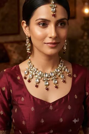 maroon color necklace set with earrings & maang tikka | kundan & agate stone | gold plated
