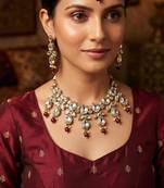 maroon color necklace set with earrings & maang tikka | kundan & agate stone | gold plated