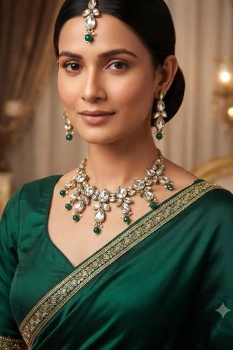 green color necklace set with earrings & maang tikka | kundan & agate stone | gold plated