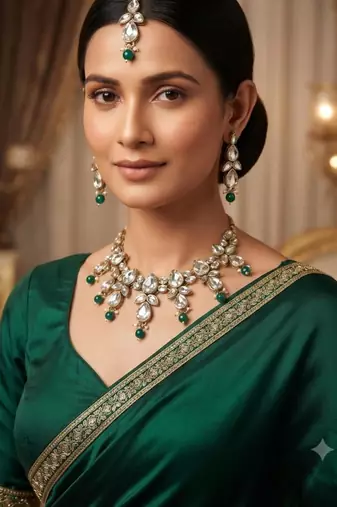 green color necklace set with earrings & maang tikka | kundan & agate stone | gold plated