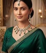green color necklace set with earrings & maang tikka | kundan & agate stone | gold plated