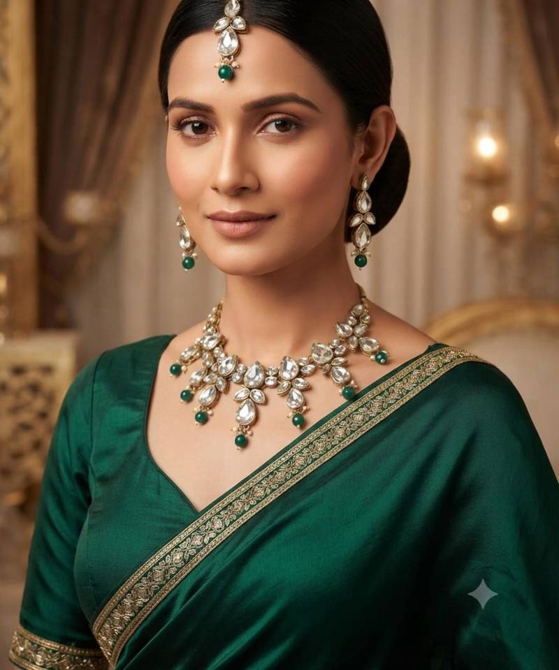 green color necklace set with earrings & maang tikka | kundan & agate stone | gold plated