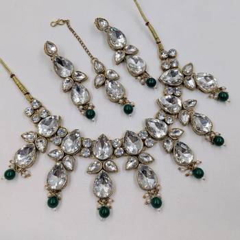 green color necklace set with earrings & maang tikka | kundan & agate stone | gold plated 2