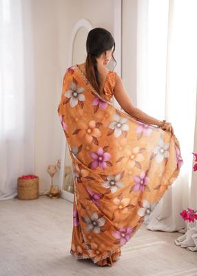Orange chiffon digital print siroski diamond work saree 3