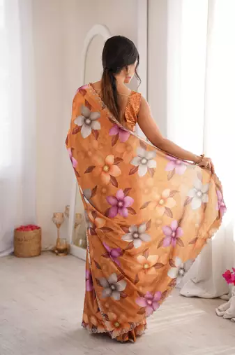Orange chiffon digital print siroski diamond work saree