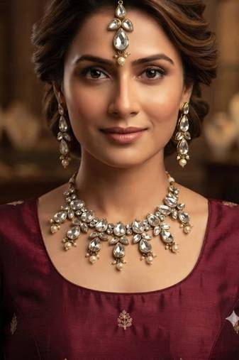 white color necklace set with earrings & maang tikka | kundan & agate stone | gold plated
