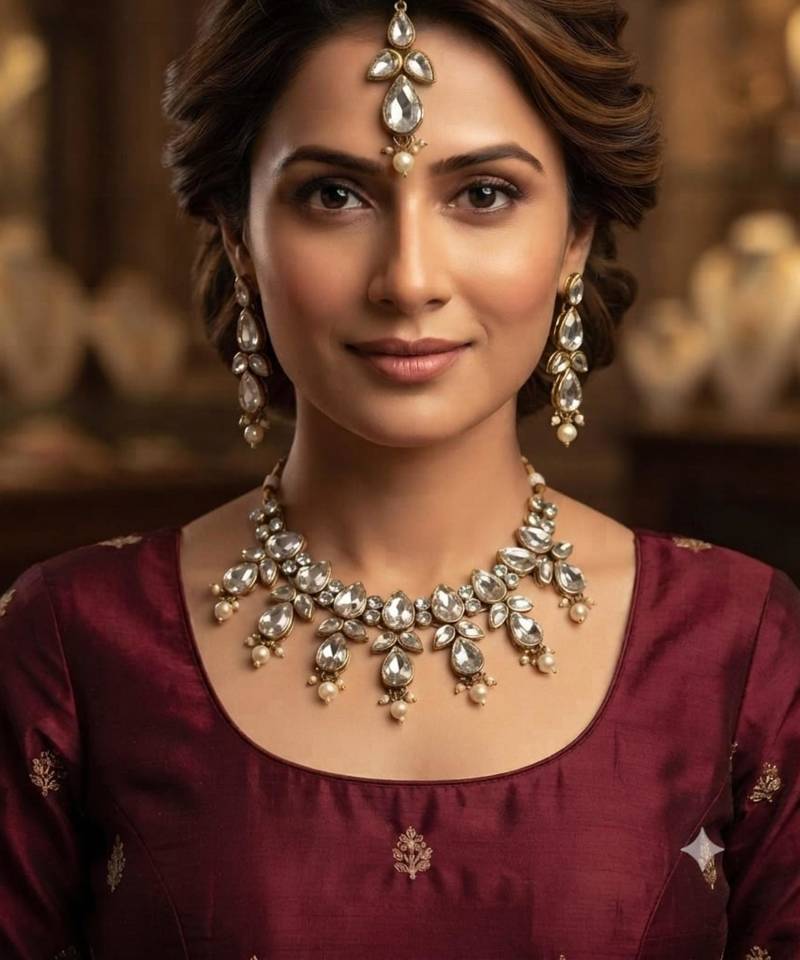white color necklace set with earrings & maang tikka | kundan & agate stone | gold plated