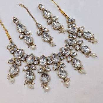 white color necklace set with earrings & maang tikka | kundan & agate stone | gold plated 2