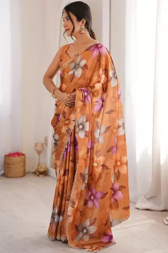 Orange chiffon digital print siroski diamond work saree