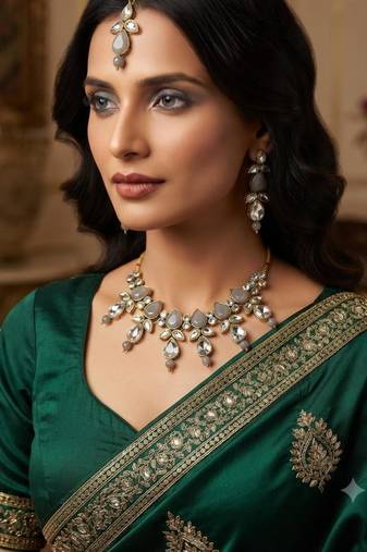 grey color necklace set with earrings & maang tikka | kundan & agate stone | gold plated