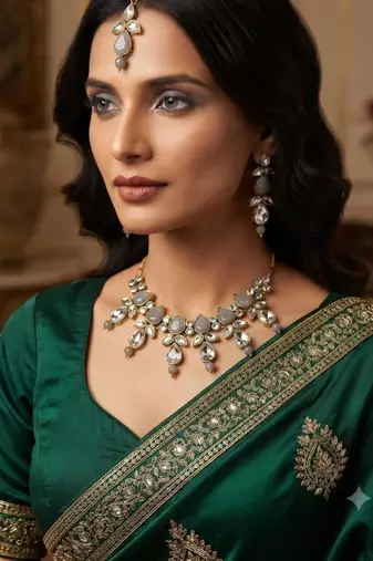 Necklace set with earrings & maang tikka | kundan & agate stone | gold plated