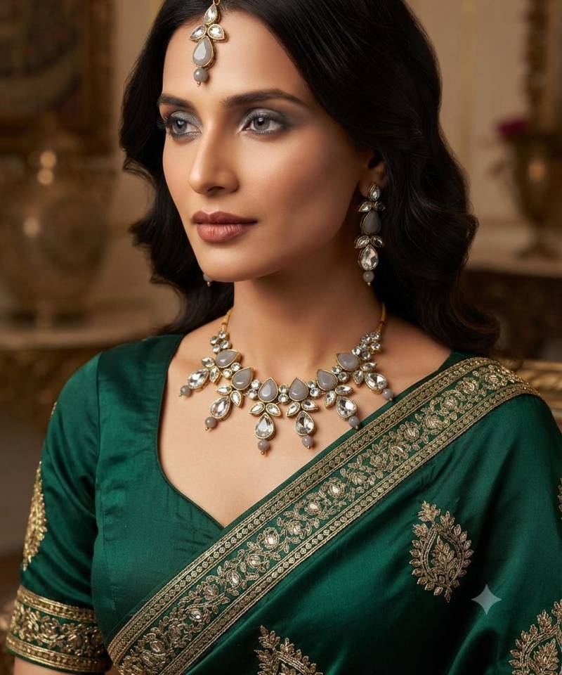 grey color necklace set with earrings & maang tikka | kundan & agate stone | gold plated