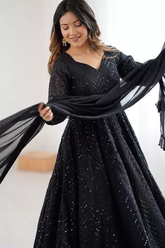  embroidery georgette flared anarkali pant and dupatta set