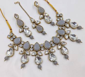 grey color necklace set with earrings & maang tikka | kundan & agate stone | gold plated 2