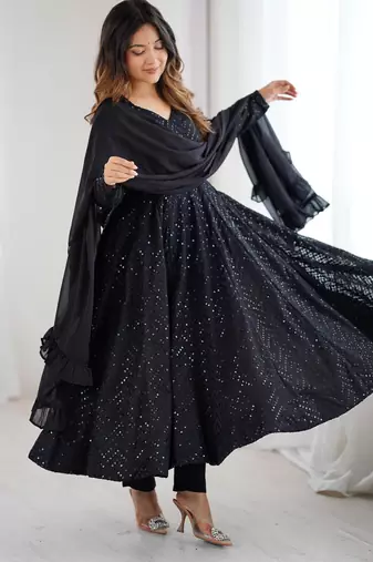  embroidery georgette flared anarkali pant and dupatta set