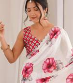 White chiffon digital print siroski diamond work saree
