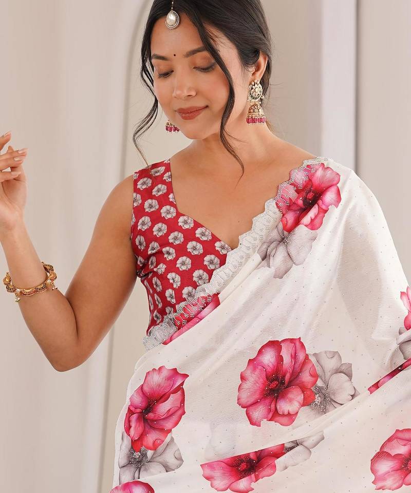 White chiffon digital print siroski diamond work saree