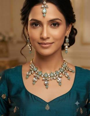 turquoise color necklace set with earrings & maang tikka | kundan & agate stone | gold plated 1