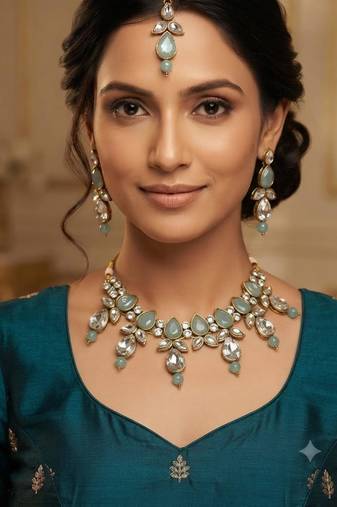 turquoise color necklace set with earrings & maang tikka | kundan & agate stone | gold plated