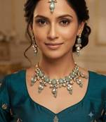 turquoise color necklace set with earrings & maang tikka | kundan & agate stone | gold plated