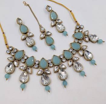 turquoise color necklace set with earrings & maang tikka | kundan & agate stone | gold plated 2