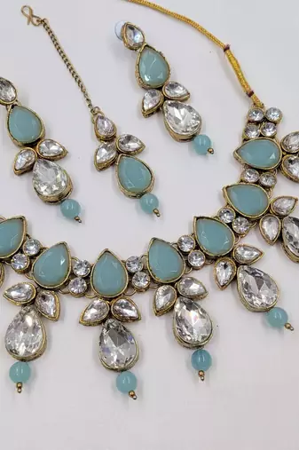 turquoise color necklace set with earrings & maang tikka | kundan & agate stone | gold plated