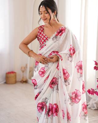 White chiffon digital print siroski diamond work saree 2