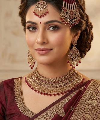 maroon color necklace set with earrings, maang tikka & pasha | kundan & agate stone | gold plated 1